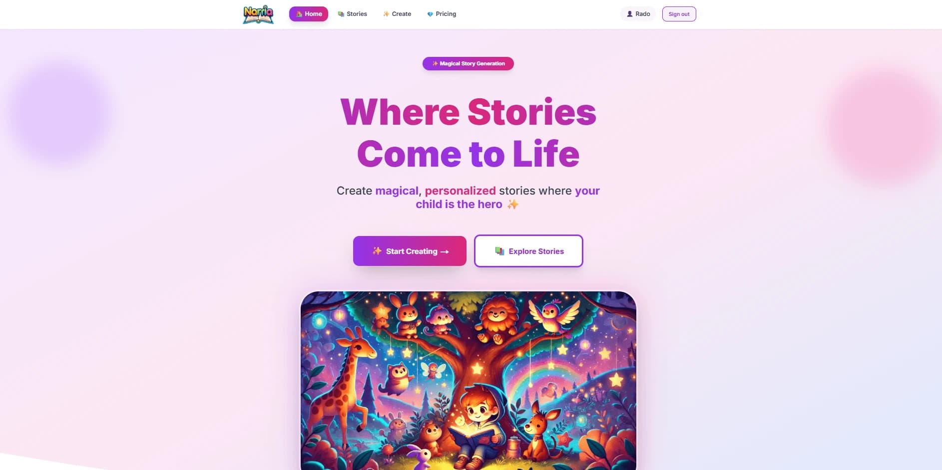 Narria, an AI-powered personalized children's story generator. MVP developed by RapidMVP.